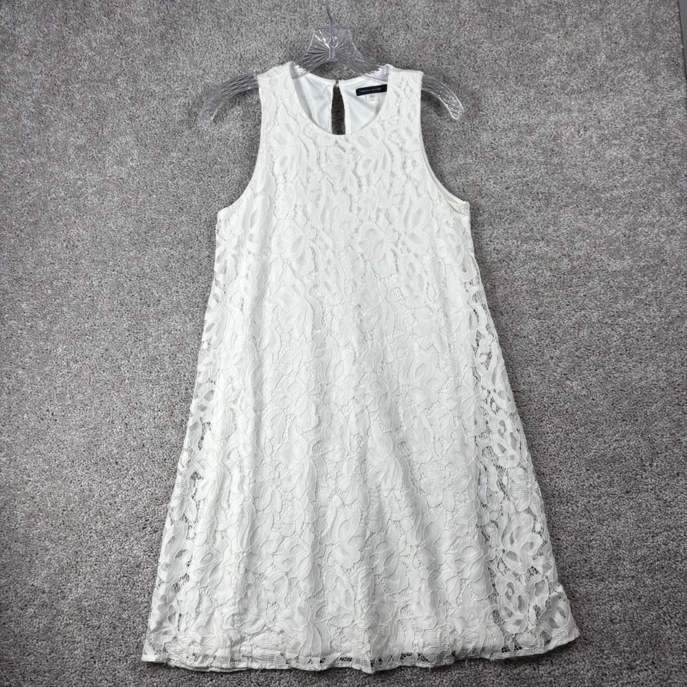 Tommy Hilfiger Womens White Floral Lace Sleeveless Shift Dress Size 4 Round Neck
